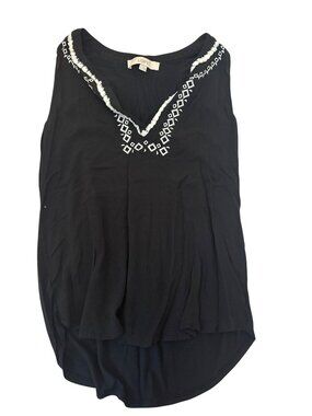 Ann Taylor Loft Black Sleeveless Top Size S Embroidered Fringed V-Neck Boho